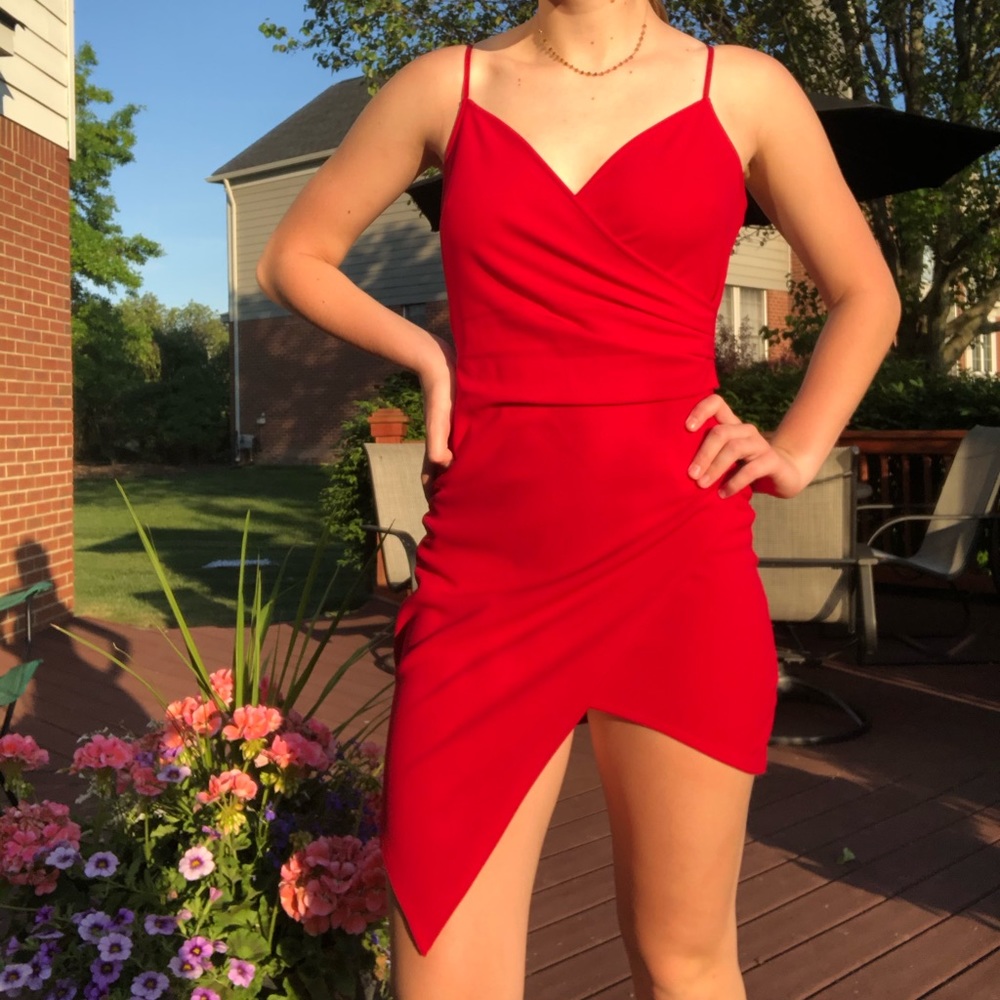 Red Asymmetrical Hem Bodycon Slip Dress